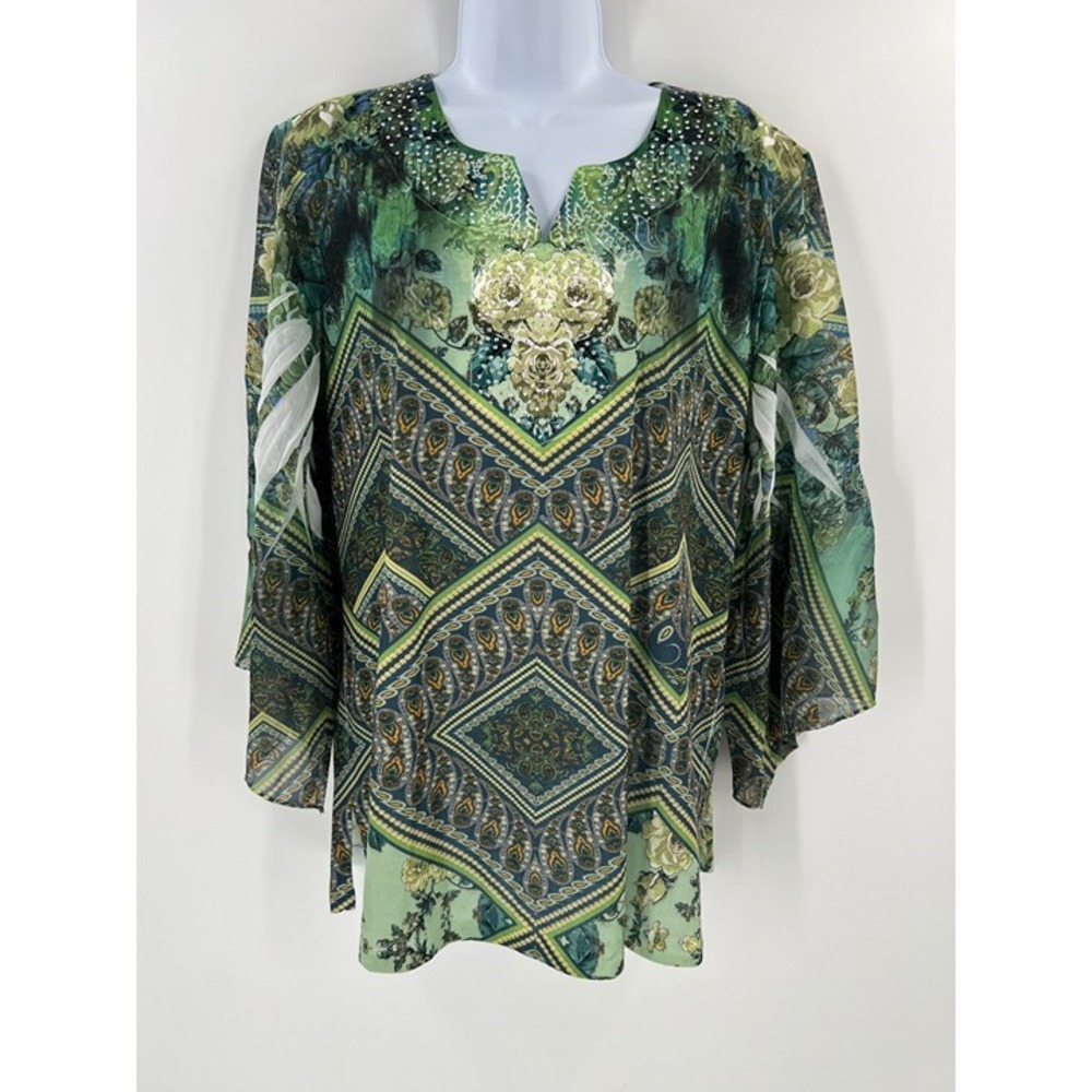 One World Women Size XL Floral & Geometric Boho Hippie Print Blouse